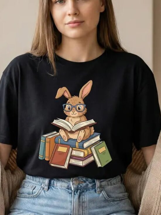 Tops - Cute Reading Shirt, Bunny Reading Book Tee, Easter Day Gift Shirt